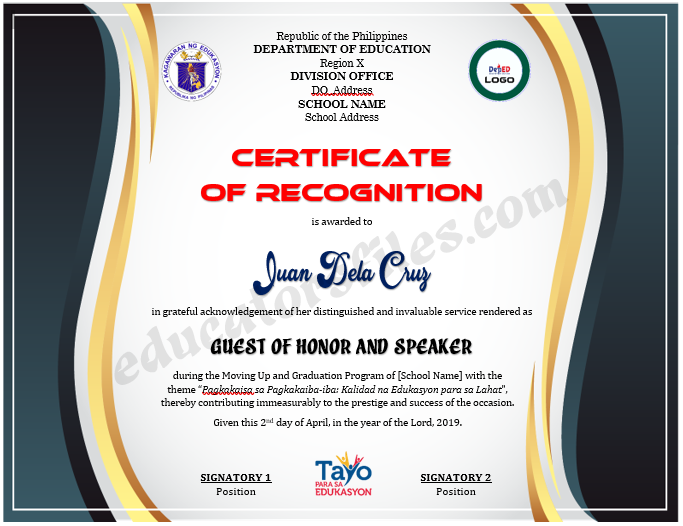 Certificate of Recognition for Guest of Honor & Speaker Template 1