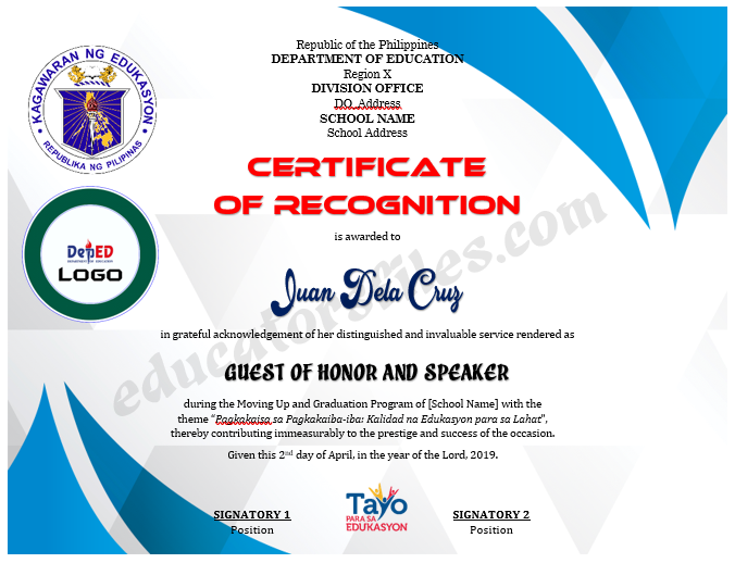 Certificate of Recognition for Guest of Honor & Speaker Template 2