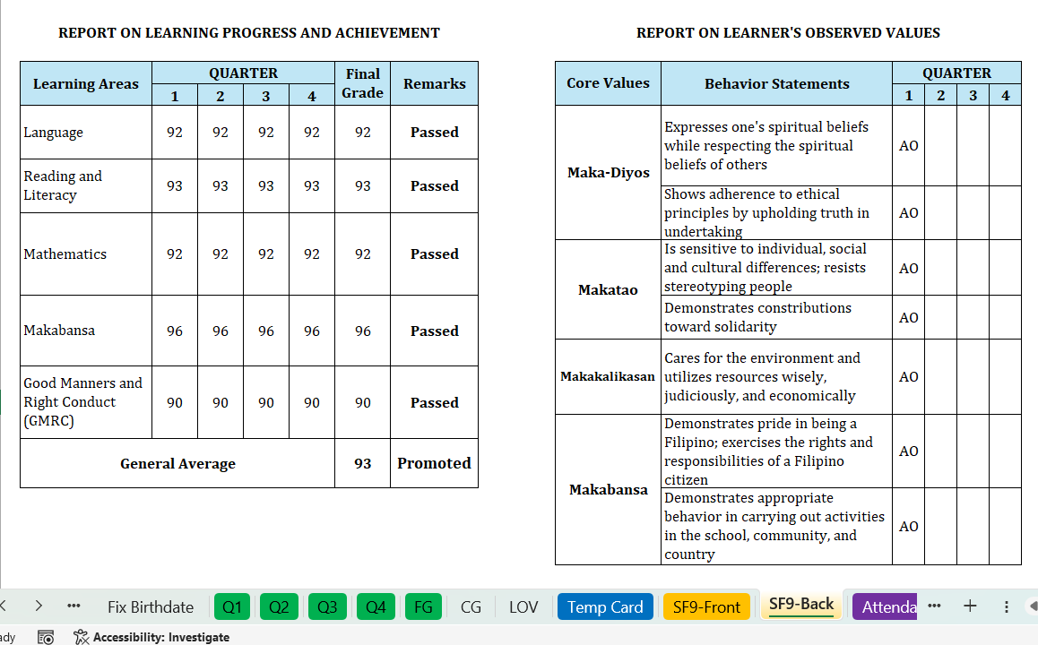 Automated SF9 for Grade 1